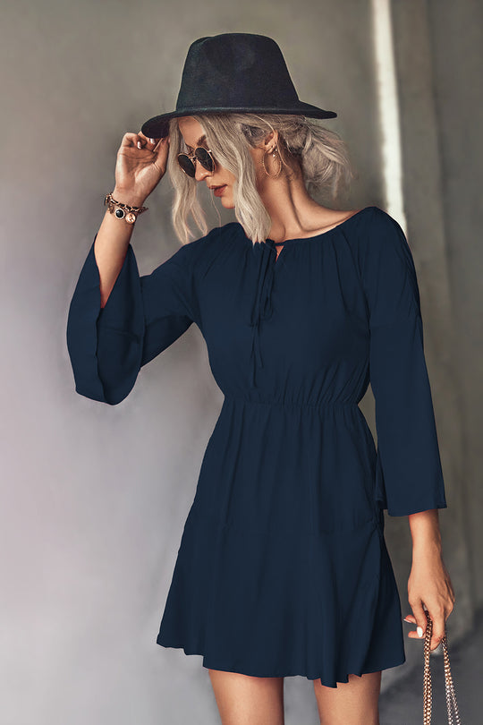 Damen Frühling Minikleid mit elastischem Taillenbund und voluminösen Ärmel EB
