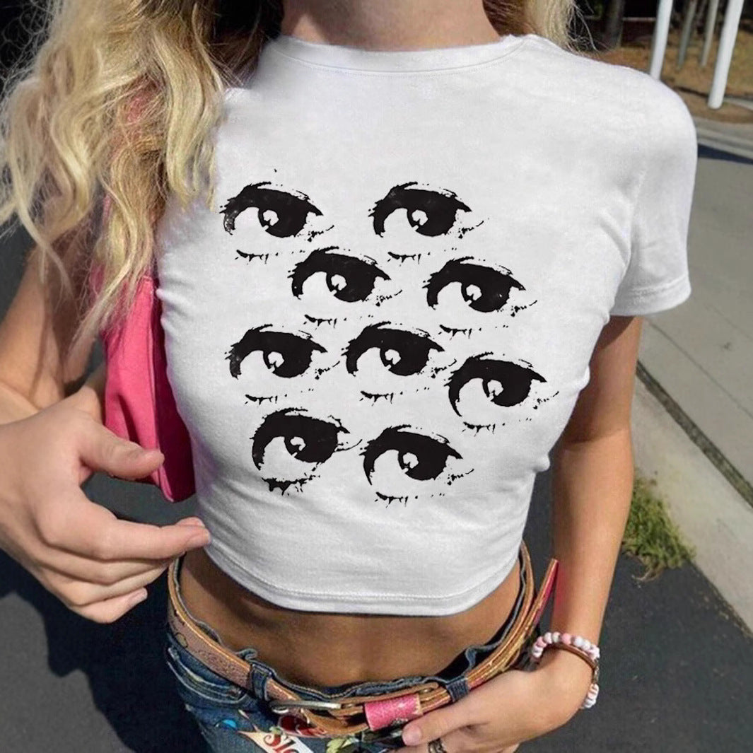 Damen Crop-T-Shirt mit kreativem Augenmotiv EB