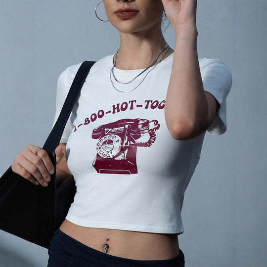 Damen Crop-T-Shirt mit kreativem Telefon-Design EB