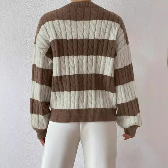 Damen V-Ausschnitt Strickpullover mit Rippstruktur und langen Ärmeln EB
