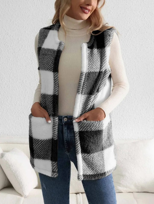 Damen Weicher Plaid-Weste mit seitlichen Taschen und gemütlichem Schnitt EB