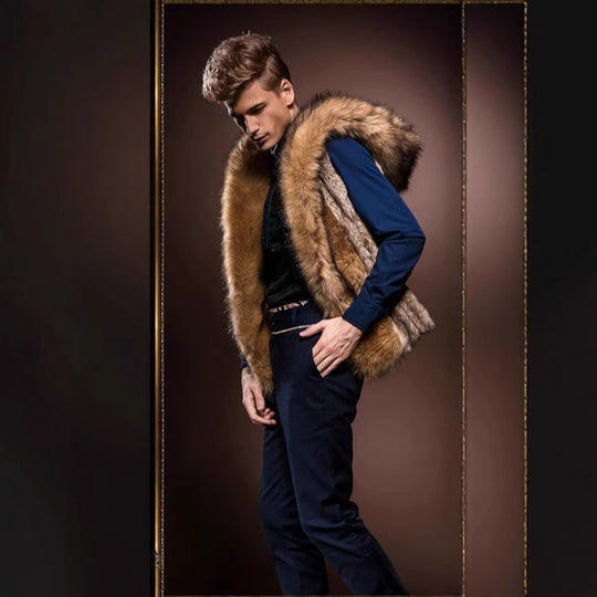 Herren Elegante Kunstpelz-Weste mit tiefem Kragen und luxuriösem Design EB