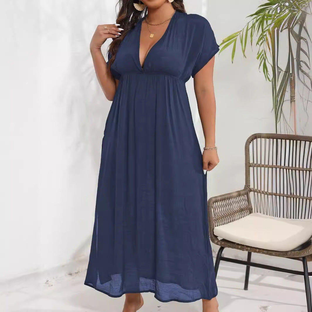 Damen luftiges Maxikleid mit tiefem V-Ausschnitt und seitlichen Schlitzen EB