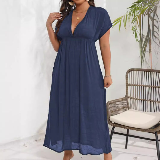 Damen luftiges Maxikleid mit tiefem V-Ausschnitt und seitlichen Schlitzen EB