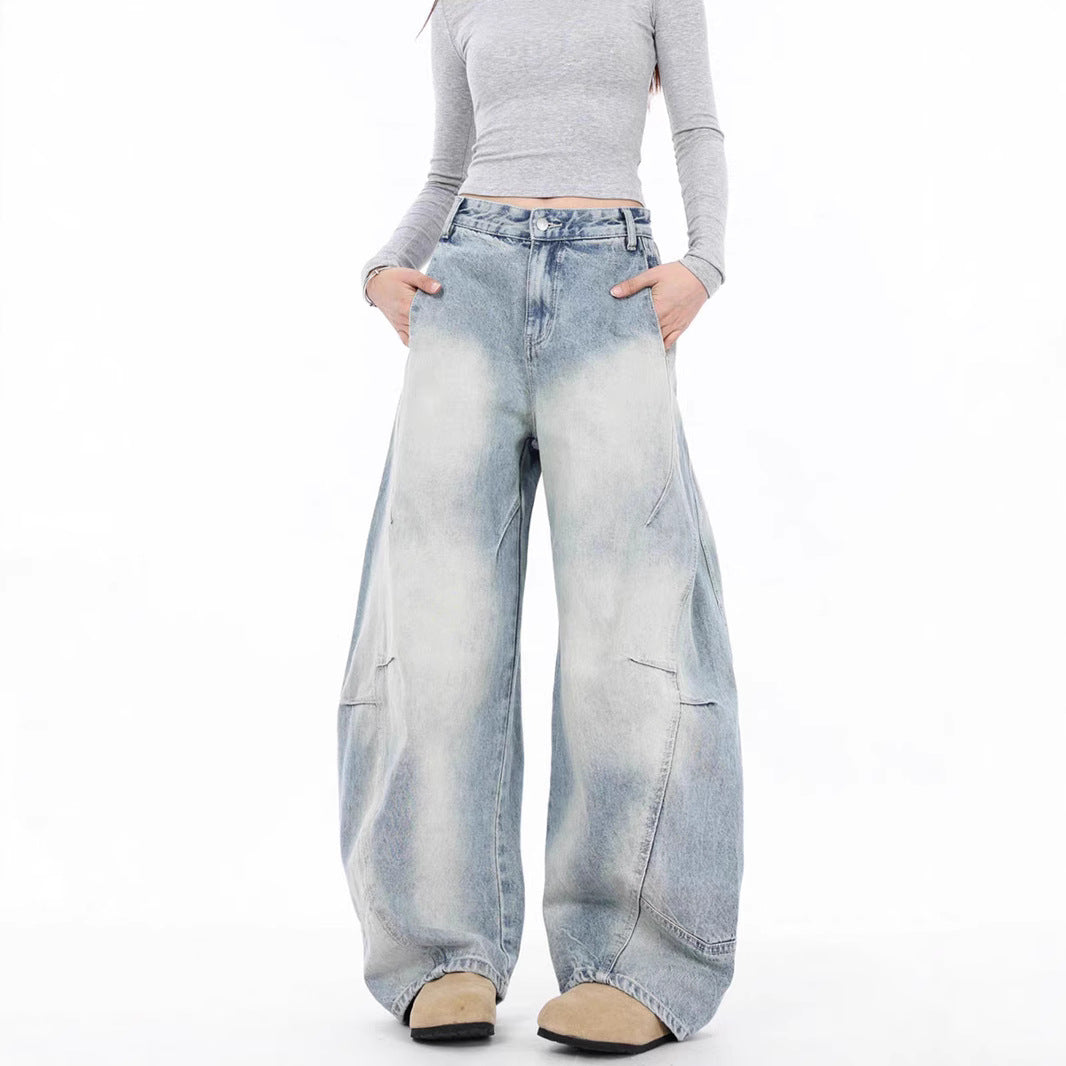 Damen Oversized Denim-Jeans mit weitem Beinschnitt und einzigartigem Waschungseffekt EB