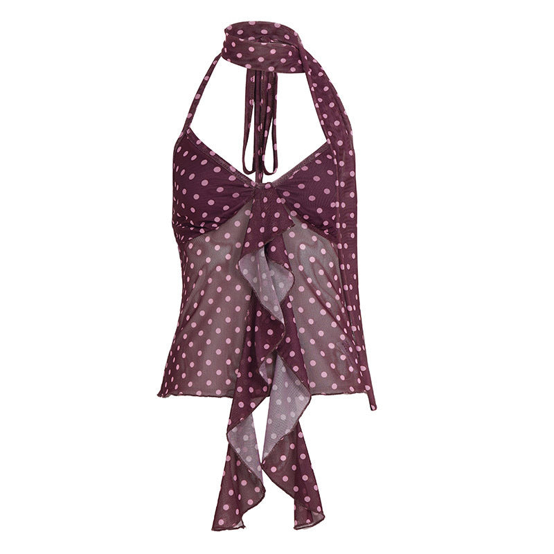 Damen luftiges Haltertop mit verspieltem Punkte-Design und Rüschendetails EB