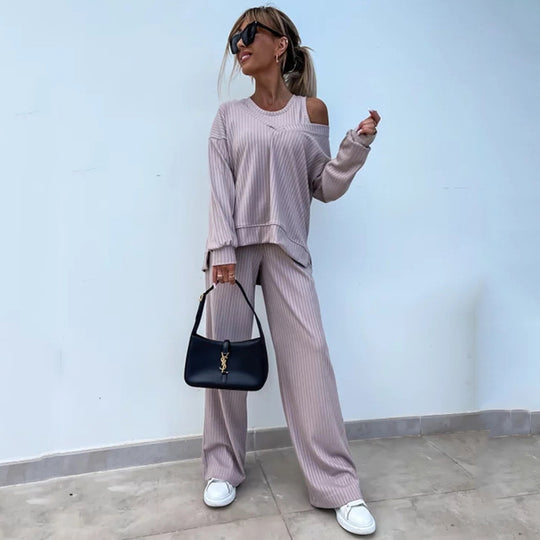 Damen nan elegantes Rippstrick-Zweiteiler Lounge-Set mit einseitigem Schulterfreischnitt und weitem Palazzo-Hosenbein EB