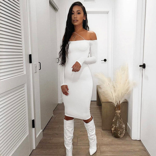Damen figurbetontes Off-Shoulder-Minikleid mit langen Ärmeln EB
