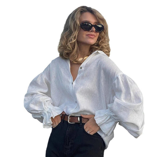 Damen lässige Leinenbluse mit ballonärmel EB