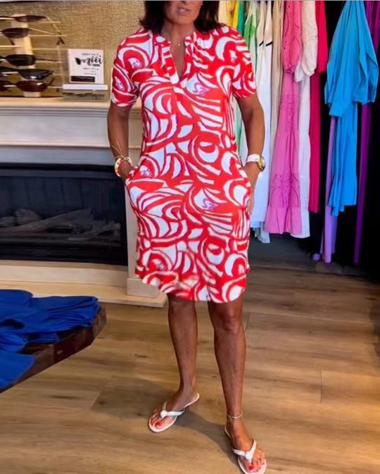 Damen Kurzarm Hemdkleid mit modernen grafischen Mustern und praktischen Eingrifftaschen EB