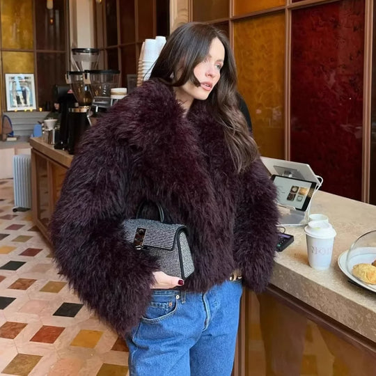 Damen kuschelige Kunstfelljacke mit Schalkragen und eleganter Silhouette EB