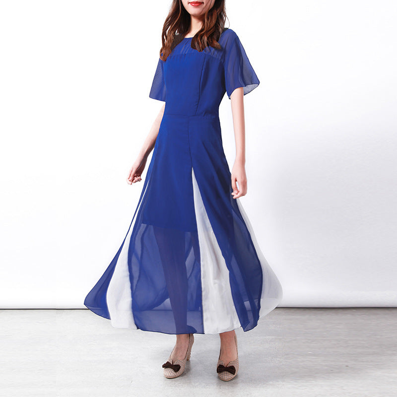 Damen Maxi-Langarmkleid mit transparenten Ärmeln und seitlichem Schlitz EB
