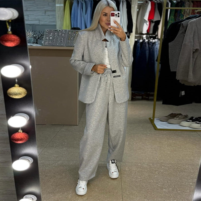 Damen lässige Sweater-Blazer-Kombination mit weit geschnittenen Hosen EB