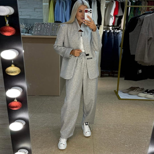 Damen lässige Sweater-Blazer-Kombination mit weit geschnittenen Hosen EB