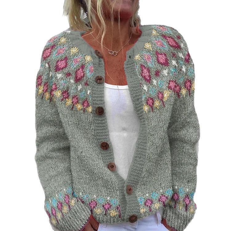 Damen nan gemusterte Strickjacke mit Rundpasse, Holzknöpfen und Eingrifftaschen EB