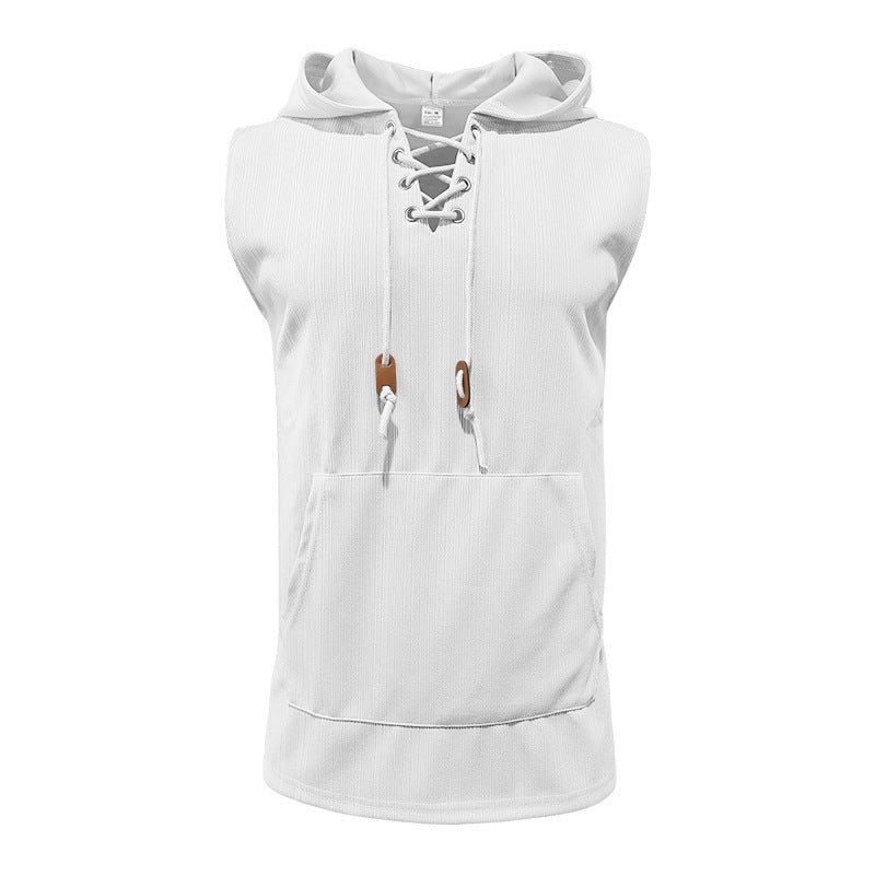 Herren ärmelloses Kapuzenshirt mit modischem Schnürdesign und praktischer Kängurutasche EB