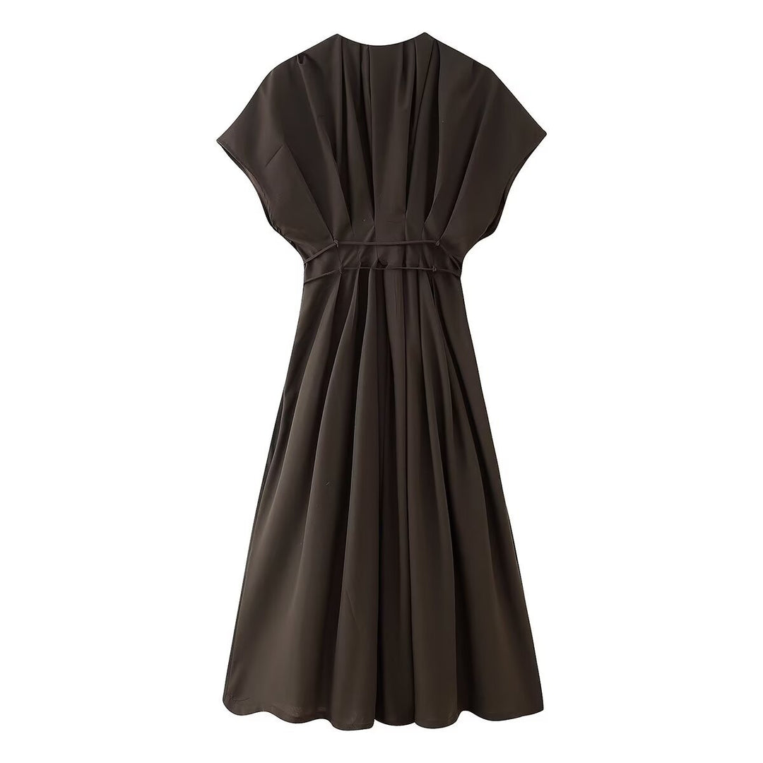 Damen Midikleid mit taillierbarem Bindegürtel und elegantem V-Ausschnitt EB