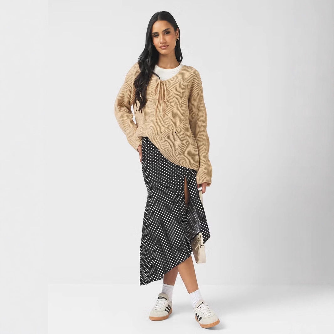 Damen Oversize Strickpullover mit V-Ausschnitt, Kordelzug und Rautenstruktur EB