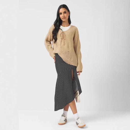 Damen Oversize Strickpullover mit V-Ausschnitt, Kordelzug und Rautenstruktur EB