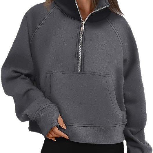 Damen nan verkürztes Oversize-Fleece-Sweat mit halbem Reißverschluss, Stehkragen, Kängurutasche und Daumenlochbündchen EB