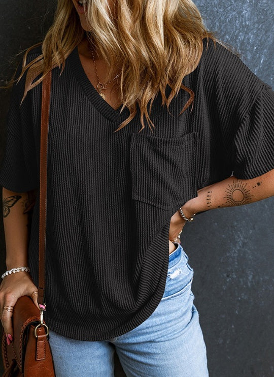 Damen lässiges Kurzarmshirt mit V-Ausschnitt und Brusttasche EB