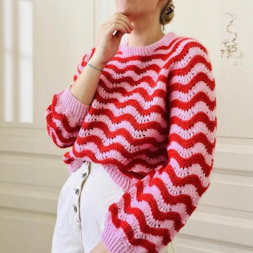 Damen Strickpullover mit wellenförmigem Muster und großzügigem Schnitt EB