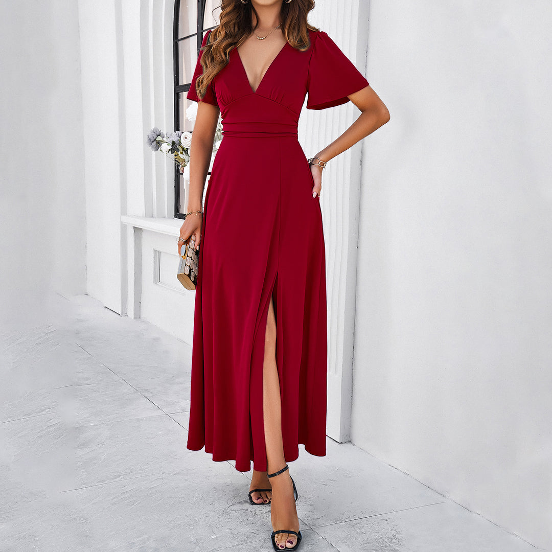 Damen Maxikleid mit tiefem V-Ausschnitt und seitlichem Schlitz EB