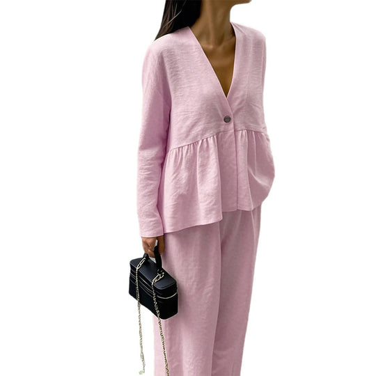 Damen nan legeres Leinenmix-Zweiteiler mit V-Ausschnitt Peplum-Bluse, Einknopfleiste und weitem Palazzo-Hosenbein EB
