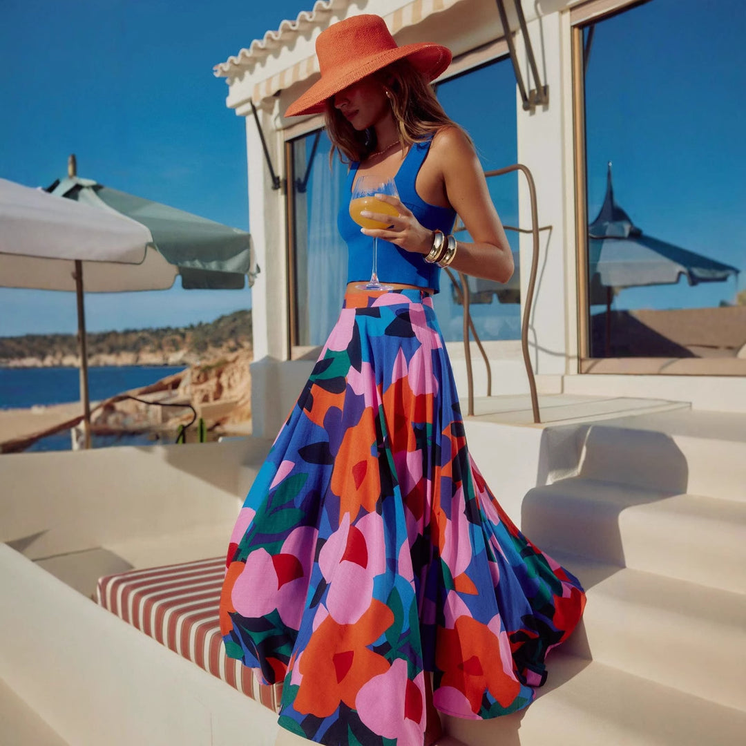 Damen Maxi-Rock mit buntem Blumendesign und fließendem Fall EB