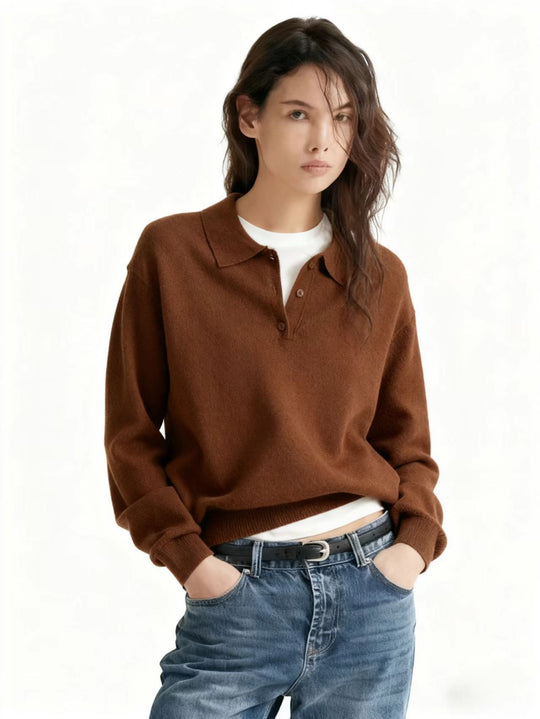 Damen Feinstrick-Polo-Sweater mit Knopfleiste und geripptem Saum EB