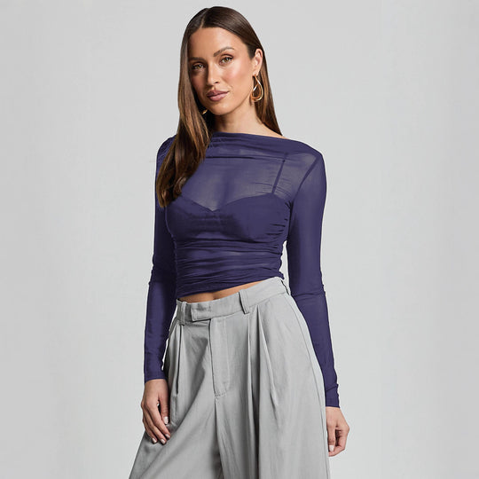 Damen Elegantes Langarmoberteil mit transparentem Mesh und Raffung EB