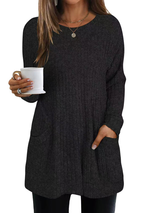 Damen lässiger Strickpullover mit seitlichen Eingrifftaschen und Rippenstruktur EB