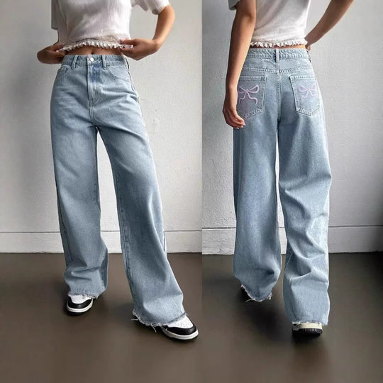 Damen Weite Jeans mit lässigem Schnitt und fransigen Säumen EB