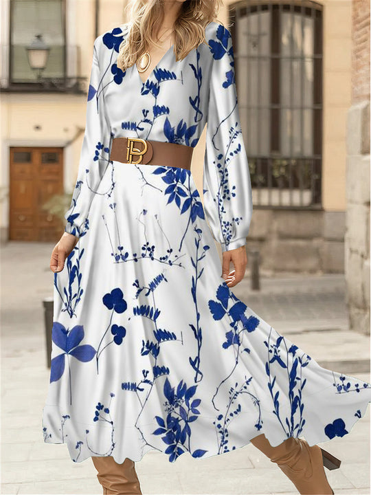 Damen Maxikleid mit floralen Mustern und eleganter V-Ausschnitt-Detailierung EB