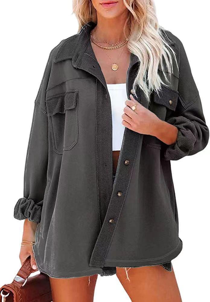 Damen Oversized Freizeitjacke mit praktischen Taschen und stylischen Druckknöpfen EB