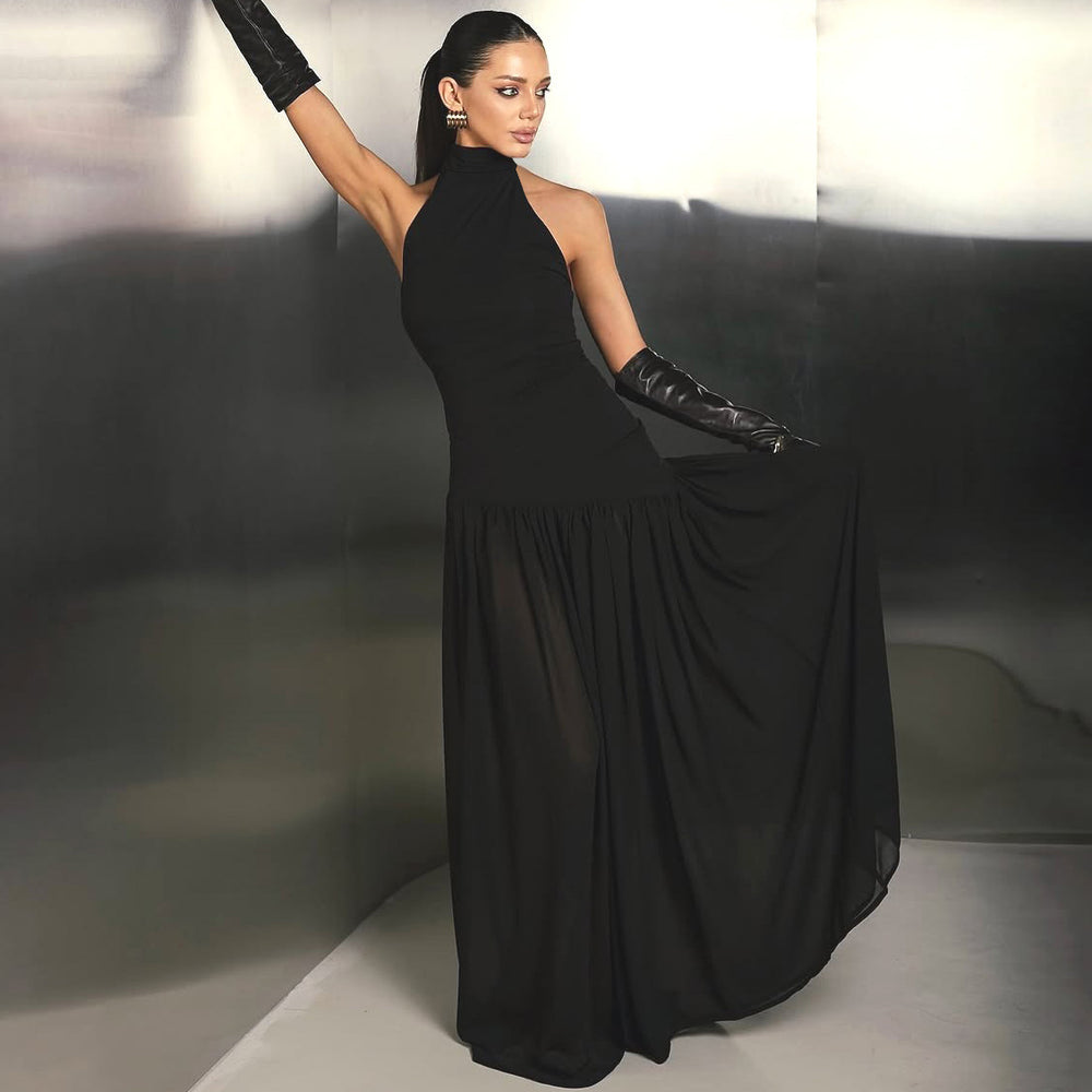 Damen Elegantes Maxikleid mit raffiniertem Halterdesign und transparentem Rock EB