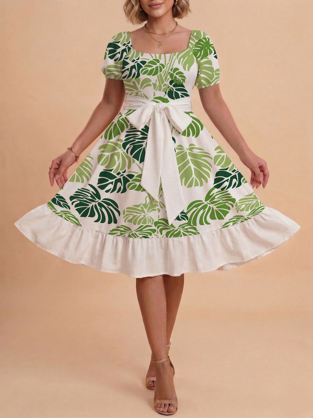 Damen Verspieltes Maxikleid mit Bärenmuster und taillierbarem Band EB