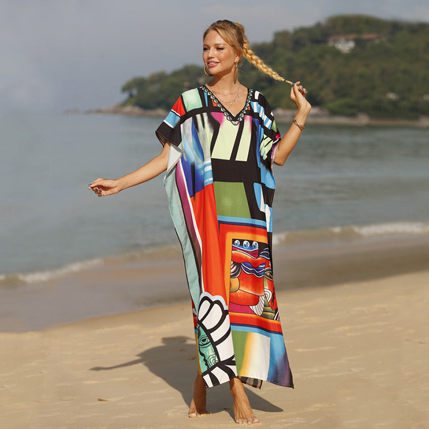 Damen Strandkaftan mit buntem grafischem Design und eleganten Akzenten EB