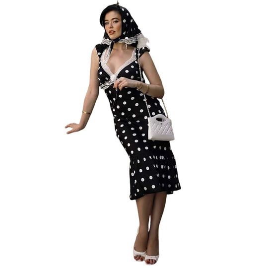 Damen Figurbetontes Polka-Dot Kleid mit Spitzenapplikation EB