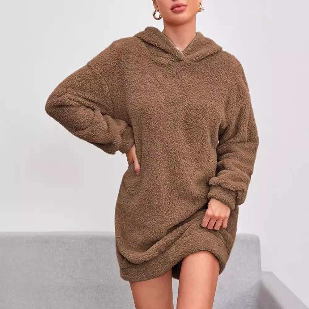 Damen Flauschiger Hoodie-Kleid mit Kapuze und praktischen Taschen EB