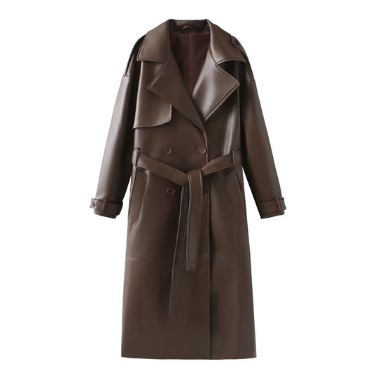 Damen Kunstleder-Trenchcoat mit modischem Schnitt und praktischen Taschen EB