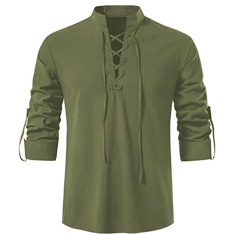 Herren lässiges Langarmhemd mit modernem Schnürdesign und hochqualitativer Baumwolle EB