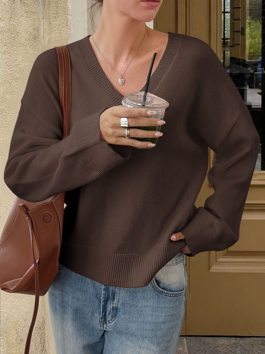 Damen nan oversized V-Ausschnitt Feinstrickpullover mit überschnittener Schulter, langen Kimonärmeln und breitem Rippbund EB