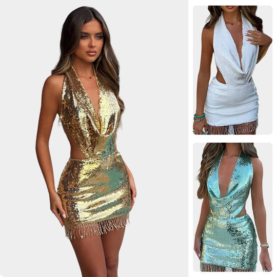 Damen Glitzerndes Minikleid mit tiefem V-Ausschnitt und seitlichem Cut-Out EB