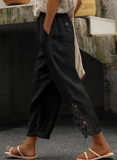 Damen luftige Leinenhose mit dekorativen Stickereien EB