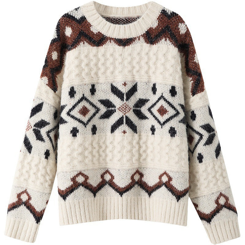 Damen Grobstrickpullover mit geometrischem Muster und Rundhalsausschnitt EB