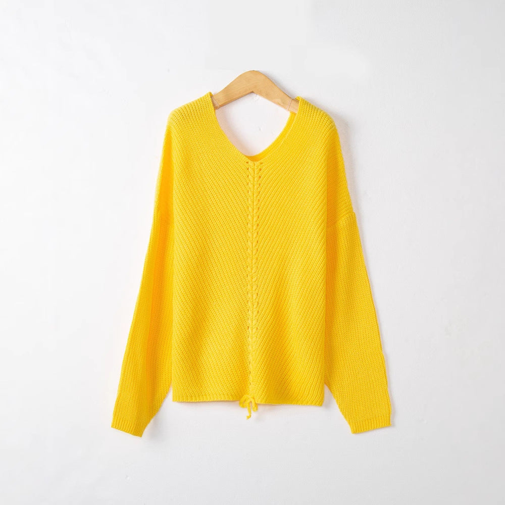 Damen Grobstrick Pullover mit attraktivem V-Ausschnitt und praktischen Kordeldetails EB