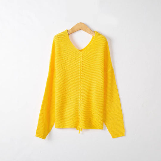 Damen Grobstrick Pullover mit attraktivem V-Ausschnitt und praktischen Kordeldetails EB