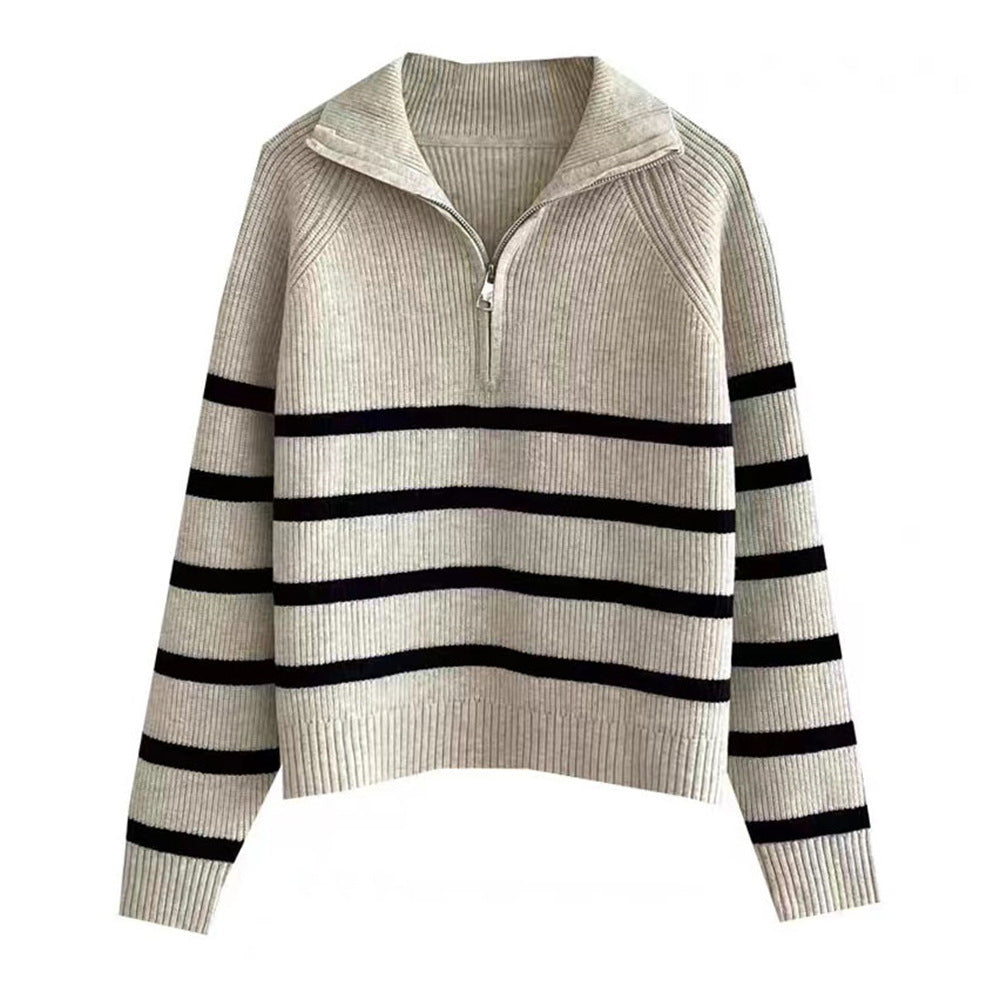 Damen Modischer Strickpullover mit Zip und gestreiftem Design EB