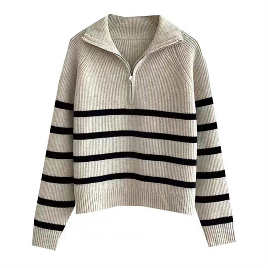 Damen Modischer Strickpullover mit Zip und gestreiftem Design EB